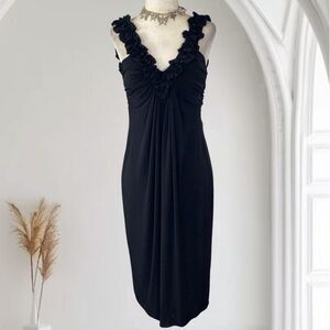 Saint Tropez West Sexy Slinky Ruffled Babydoll Little Black Midi Dress 4 / S